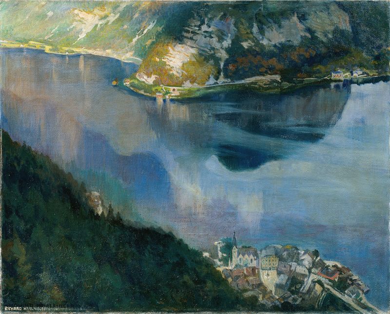 Landscape of Hallstätter See by Richard Harlfinger, oil painting depicting serene lake and mountains