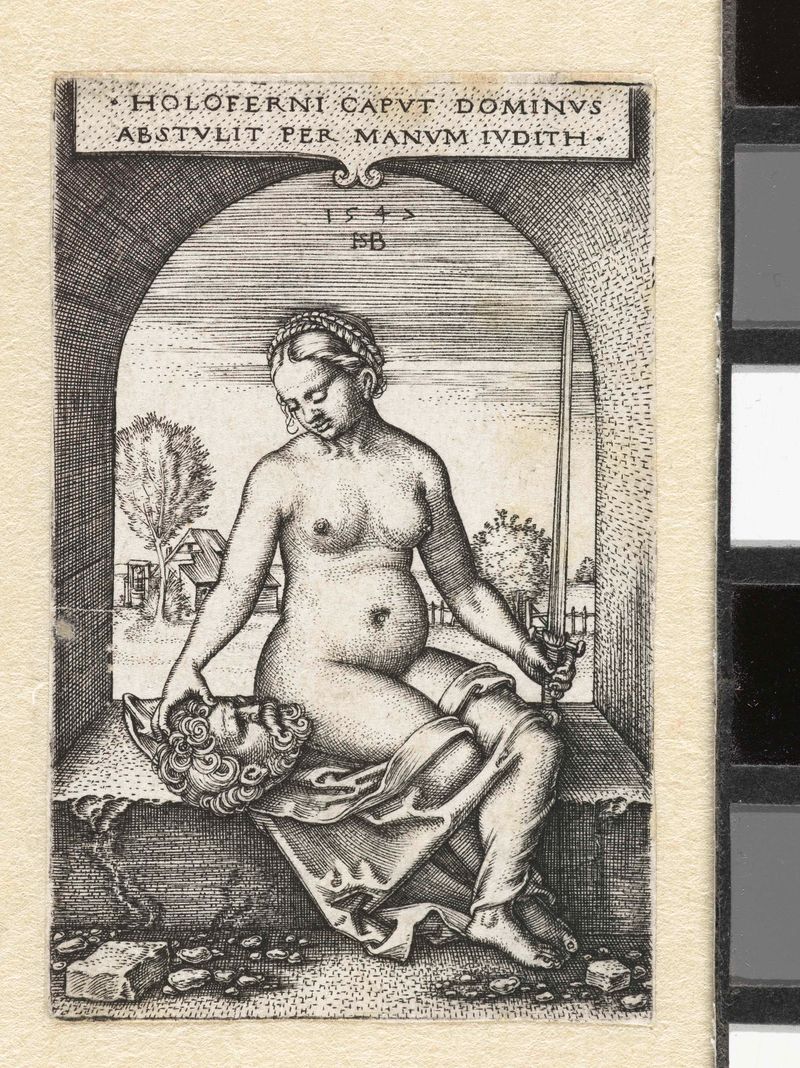 Grabado de Hans Sebald Beham que representa a Judith sosteniendo la cabeza de Holofernes en una ventana