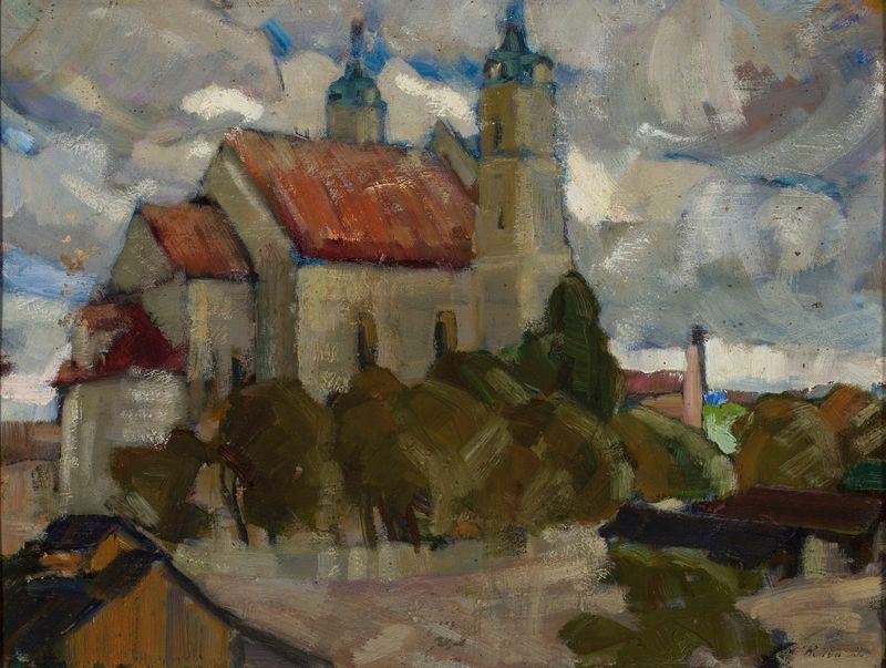 Church among Trees by Michał Rouba, oil on canvas depicting a church surrounded by trees and sunlight.