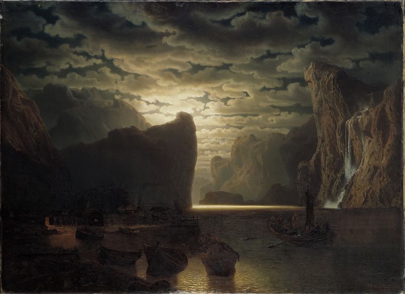 Norwegian Fjord in Moonlight by Marcus Larson, oil painting depicting cliffs and water under moonlight