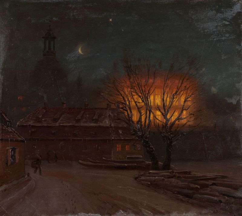 Winter Evening in Dresden, óleo sobre tela de Knud Baade, retratando uma paisagem nevada ao anoitecer.