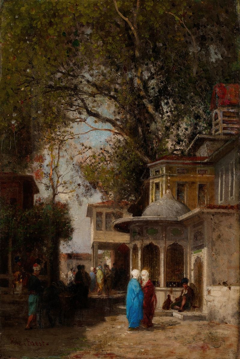 The Street by Germain Fabius Brest, oil on canvas depicting figures on cobblestones with sunlight and shadows.