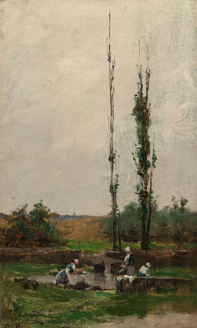 Laundry Day by Charles Adams Platt, oil on canvas, depicting clothes hanging against a blue sky.