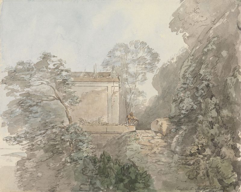 Aquarela de Samuel Davis mostrando o templo a Maha Deo em Puttugotta