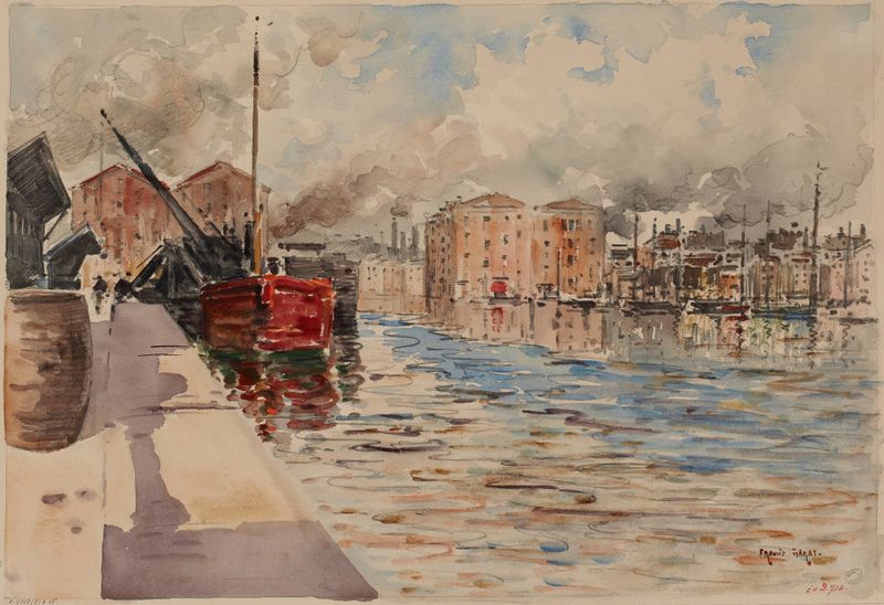 Impressionist landscape of Le canal de la Villette by Francis Garat, featuring water and trees.