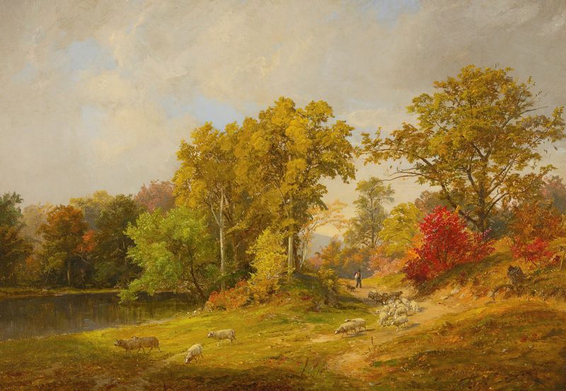 Paisagem de outono com pastor, cachorro e ovelhas, pintura a óleo de Jasper Francis Cropsey