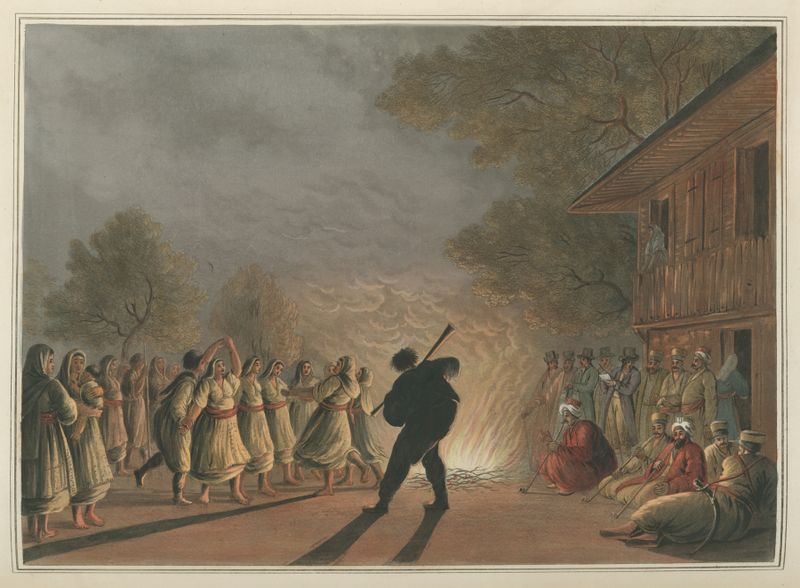 Dança dos Camponeses Búlgaros de Luigi Mayer, cena de gênero com figuras tradicionais em trajes vibrantes.