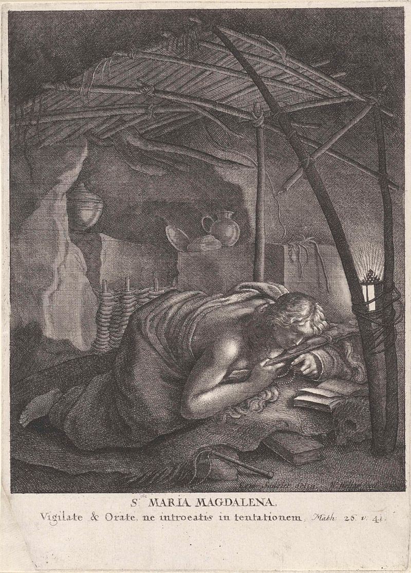 Gravura de Wenceslaus Hollar retratando Maria Madalena em roupas reflexivas com luz suave