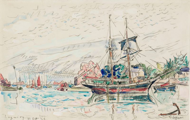 Loguivy de Paul Signac, óleo sobre lienzo que muestra una escena de puerto con barcos y luz solar.