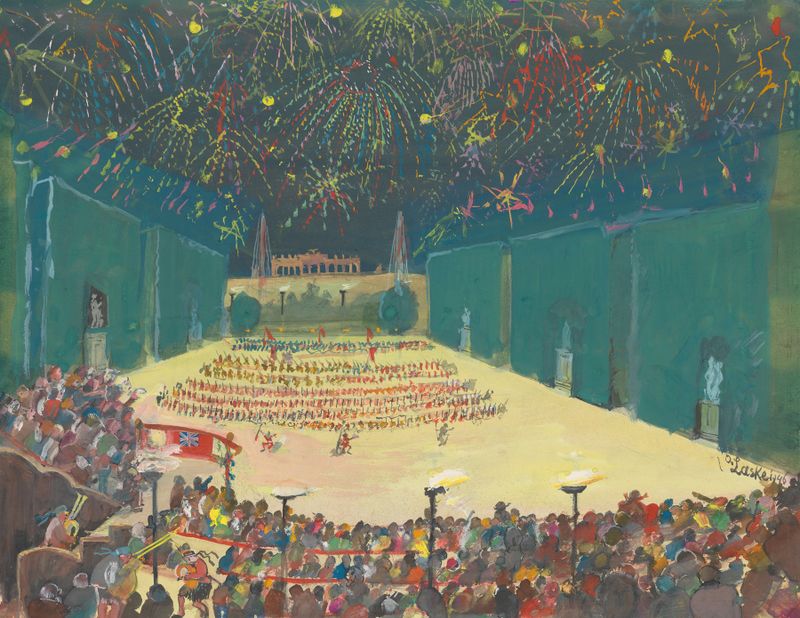 Escena histórica que muestra una reunión con colores apagados de Oskar Laske