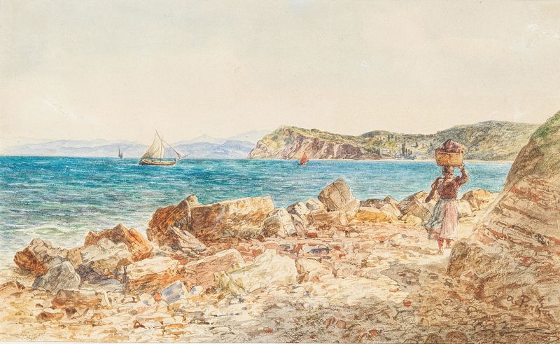 Seascape by Anton Perko, showing waves and a rocky shore in oil painting