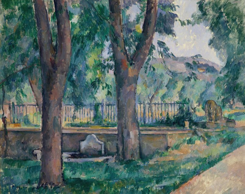 A Piscina em Jas de Bouffan, óleo sobre tela de Paul Cezanne, apresenta uma piscina tranquila cercada de vegetação.