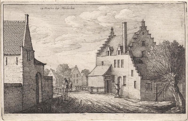 Gravura de Wenceslaus Hollar mostrando uma rua de vila com cottages