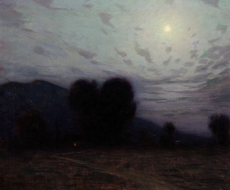 Moonlit Landscape by Birge Harrison, oil on canvas depicting a tranquil night landscape.