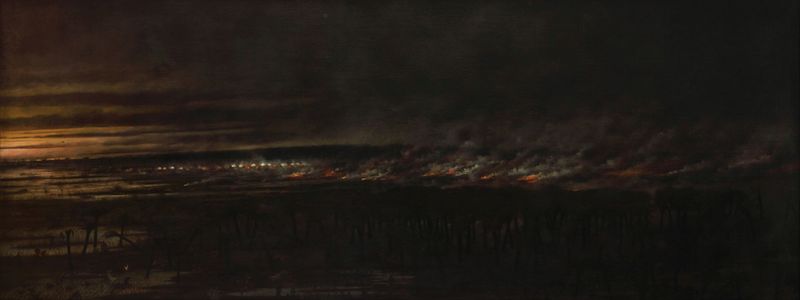 Vibrant landscape depicting chaos and nature by Cándido Lopez, oil painting