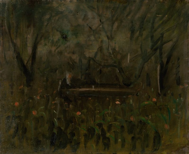 Escena de género que muestra amigos en una mesa en un jardín de Ladislav Mednyánszky, pintura al óleo
