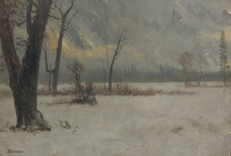 Paisaje invernal en óleo de Albert Bierstadt con montañas cubiertas de nieve.