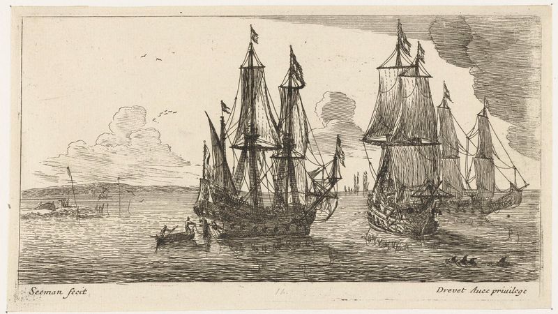 Grabado de Unknown Artist que muestra barcos en el mar con un horizonte y nubes.