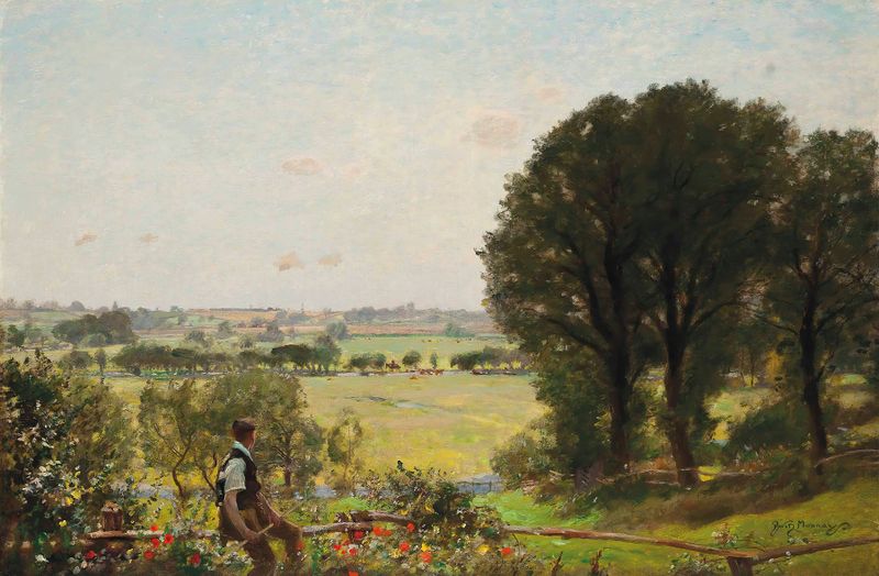 The Heat Of The Day, Flatford de Sir David Murray, óleo sobre tela mostrando luz e sombra na natureza.