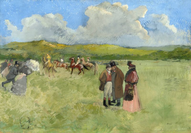 The Race Track by Jean-Louis Forain, oil on canvas, depicts jockeys and a crowd at a horse race.