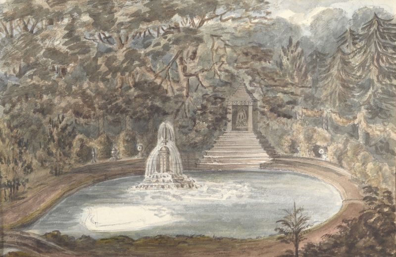Temple Pool, Thornery, Sezincote de Anne Rushout, representando un paisaje sereno con agua y follaje.