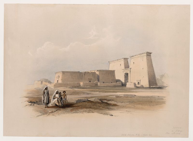 Dakke, in Nubia by David Roberts, oil on canvas depicting temple ruins against a vivid desert sky