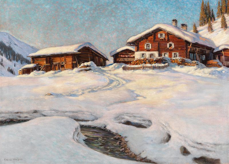 Paisaje invernal cerca de Davos, óleo sobre lienzo de Franz Holper, con montañas cubiertas de nieve y un valle tranquilo.