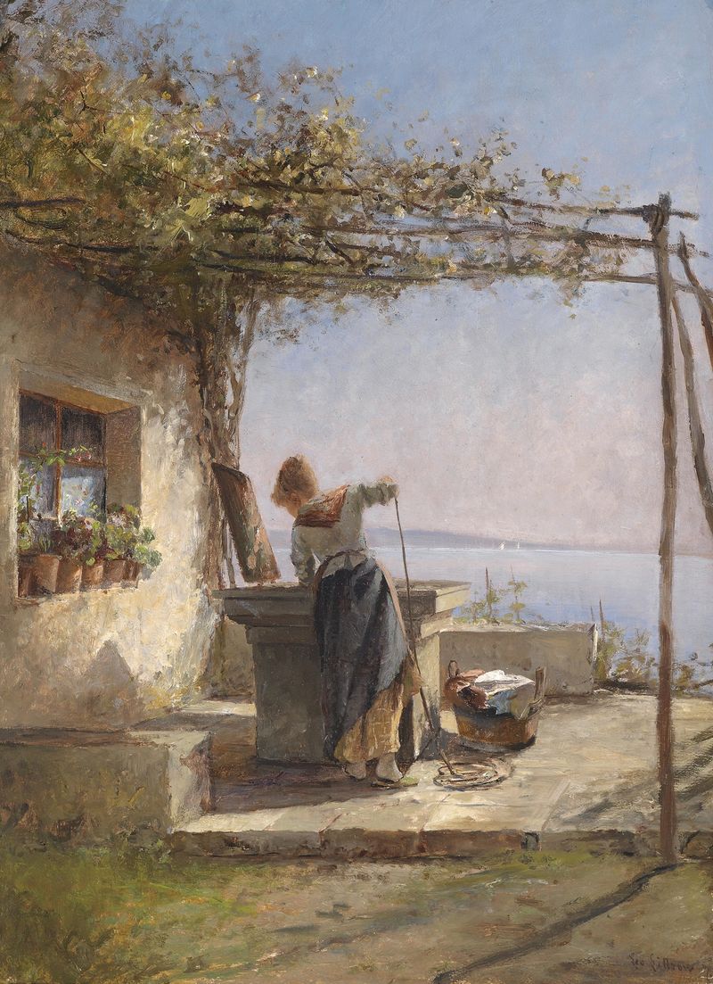 Genre scene of a girl by a well, immersing her hands in water, by Leontine von Littrow