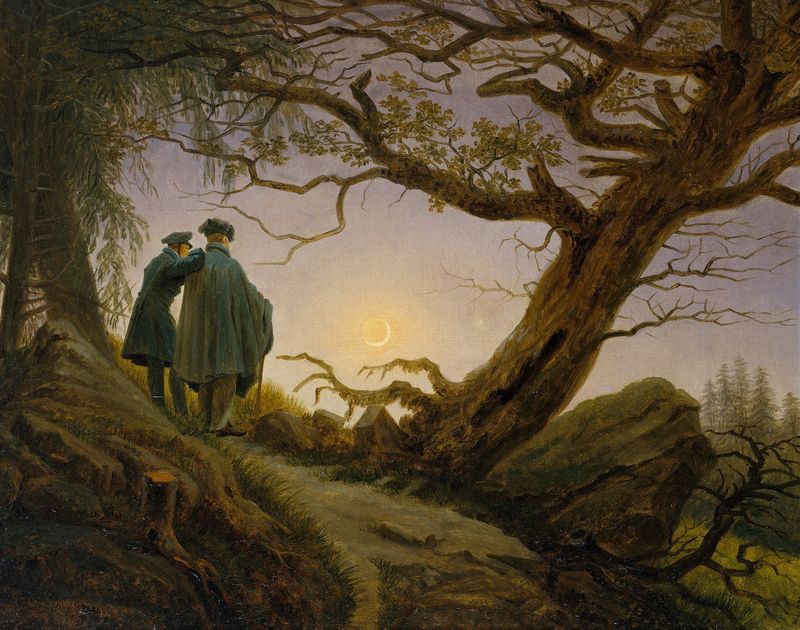 Two men gazing at the moon in a landscape, oil painting by Caspar David Friedrich