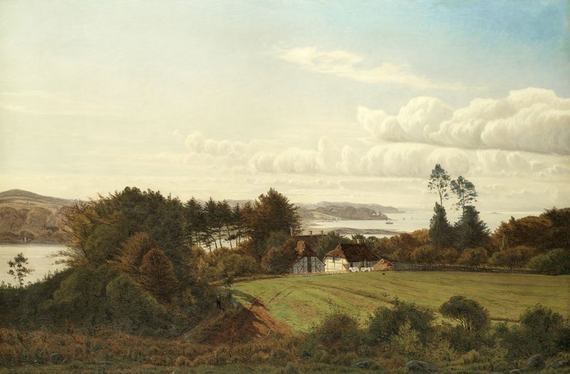 A Danish farmstead by Anton Erik Christian Thorenfeld, oil on canvas depicting a tranquil farmhouse and rolling hills.