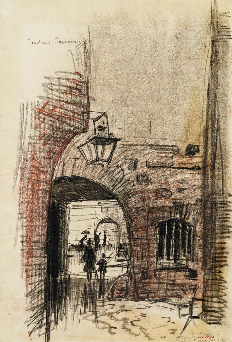 Cour et voûte rue Chanoinesse de Charles Jouas, acuarela sobre papel, que representa luz a través de arcos