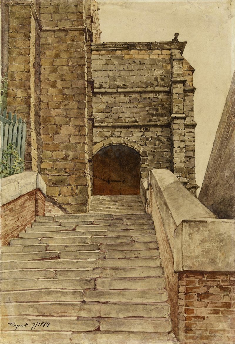 Etude d’escalier au Tréport de Louis Bonnier, pintura al óleo que muestra una escalera bajo un cielo suave.