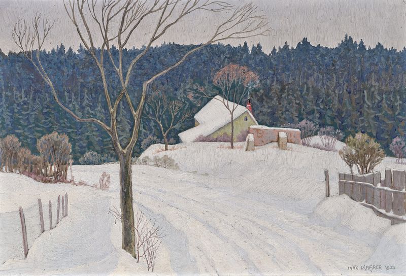 Paisagem de inverno de Max Kahrer, óleo sobre tela, com um caminho coberto de neve e árvores.