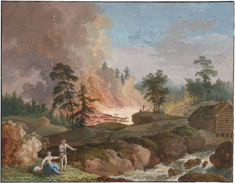 Un paisaje en Suecia con campesinos quemando bosques y una pareja descansando junto a un arroyo, de Jacob Philipp Hackert.