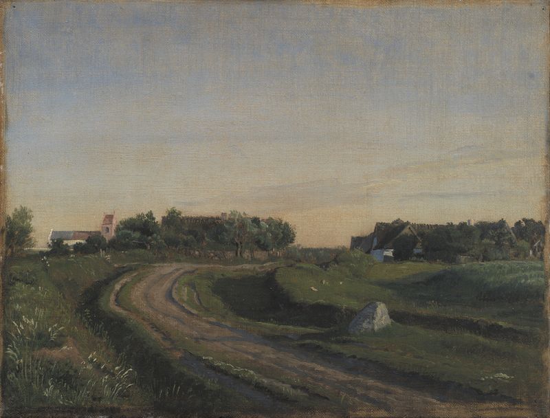 Landscape depicting evening light over Zealand with a church, by P. C. Skovgaard.