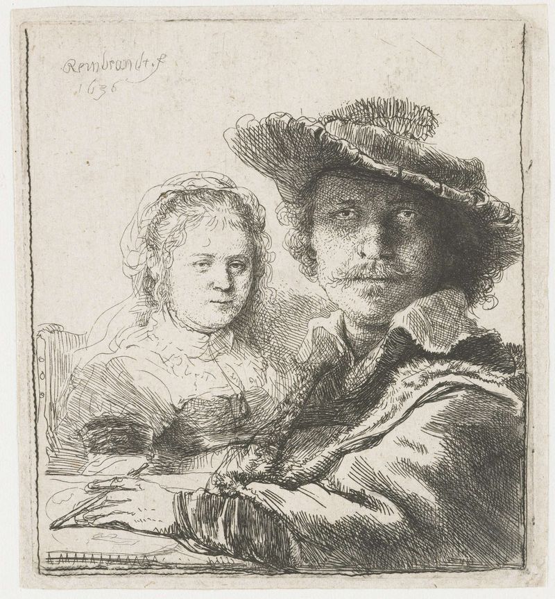 Autorretrato con Saskia, grabado de Rembrandt van Rijn