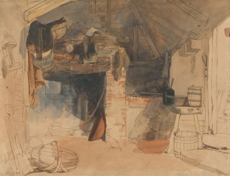 Escena interior rústica con una mesa de madera y luz suave, óleo sobre lienzo de William James Müller