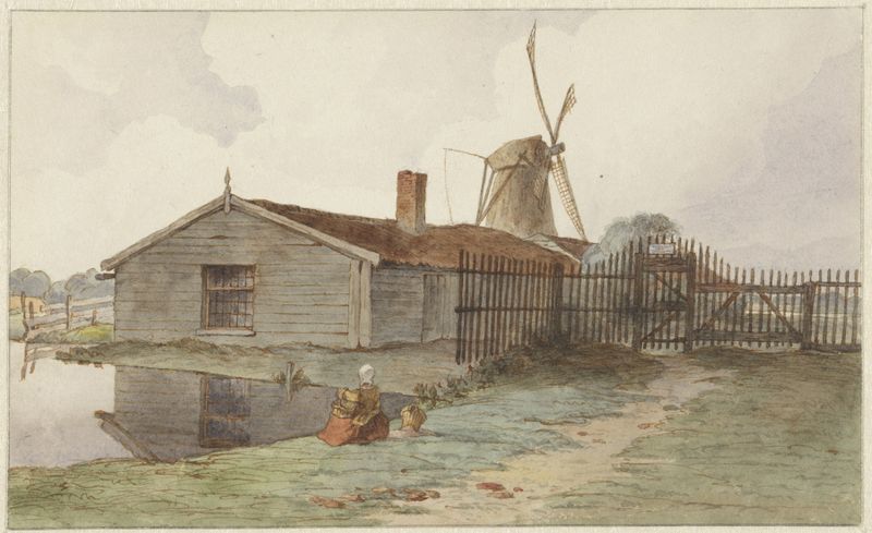 Landscape featuring a windmill and buildings at twilight by Hendrik Abraham Klinkhamer