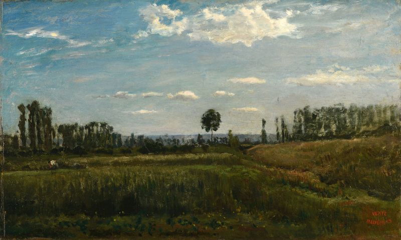 Landscape oil painting by Charles François Daubigny featuring rolling hills and a golden sky