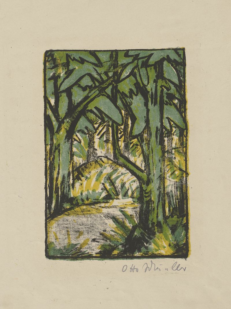 Waldlandschaft by Otto Mueller, expressionism, depicting a serene forest landscape with soft green gradients.