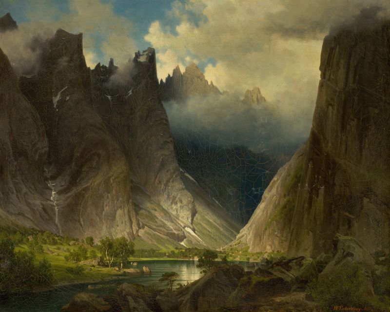 Valley of Romsdalen by Johan Fredrik Eckersberg, oil on canvas depicting a lush valley with mountains.