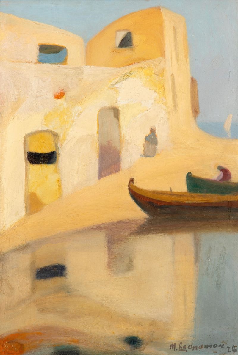 Paisagem com telhados e barcos, pintura a óleo de Michalis Oikonomou