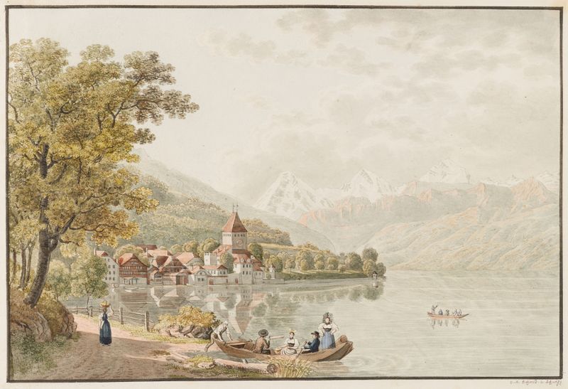 Landscape of a tranquil lake and pastel sky by David Alois Schmid, oil painting