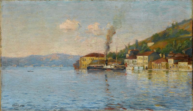 Cengelköy Ferry Quay de Halil Pasha, óleo sobre tela que retrata barcos e um cais movimentado ao pôr do sol.