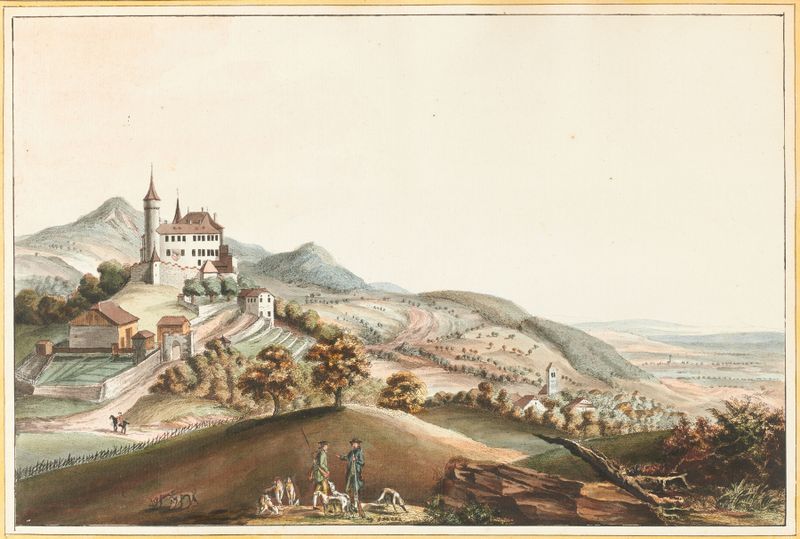 Paisagem com um lago e montanhas, óleo sobre tela de Caspar Wolf
