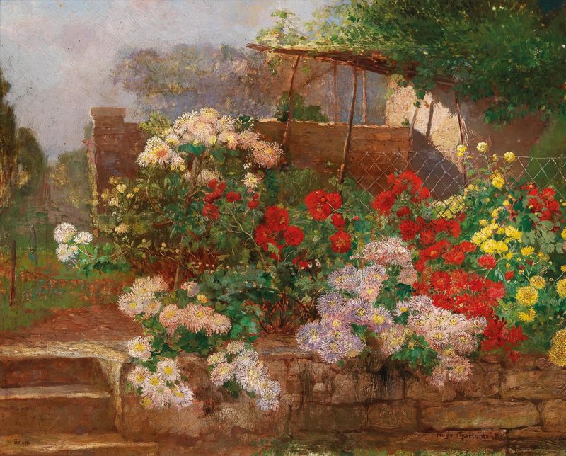 Garden in Brioni, oil on canvas by Hugo Charlemont, featuring a woman in a garden.
