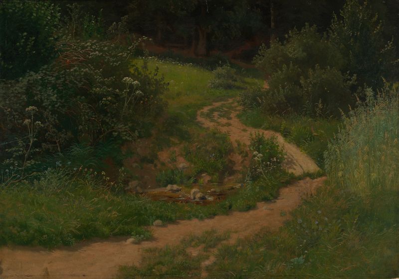 Paisagem com caminho florestal e poça d'água, óleo de Emil Lugo