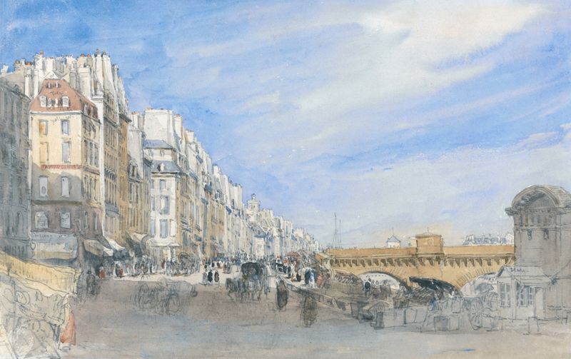 Aquarela de David Cox retratando o Pont Neuf e o rio Sena em Paris