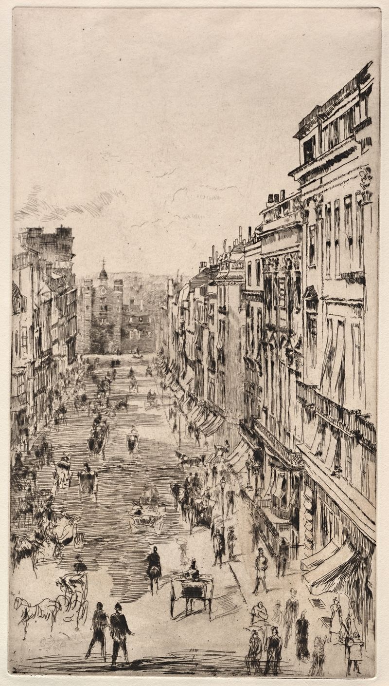 St. James Street, óleo sobre lienzo de James Abbott McNeill Whistler, que representa un paisaje urbano al anochecer.