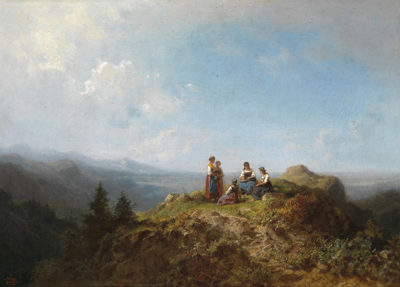 Dirndln auf der Alm by Carl Spitzweg, depicting women in traditional dirndls, oil painting